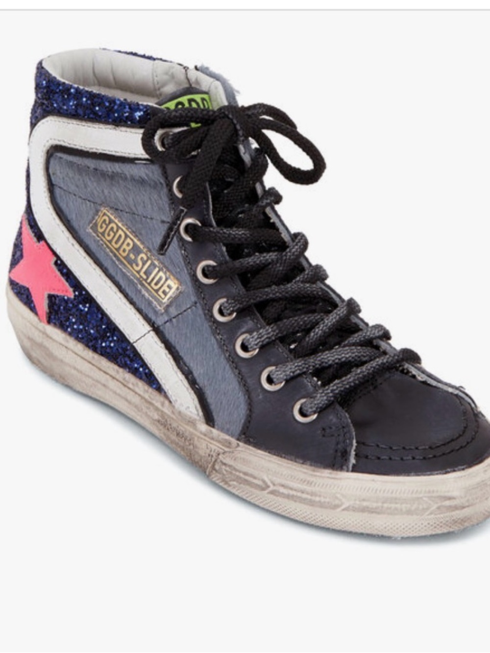 LikGolden Goose blue pony hair w pink star and glitter leather slides Sneakers